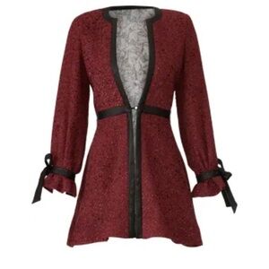 Women's Burgundy Tweed Open-Front Blazer with Black Trim
